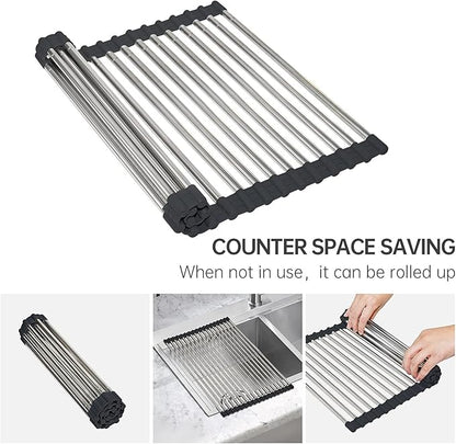 CHIRISEN Expandable Roll Up Dish Drying Rack Large, Foldable Over The Sink Dish Drying Rack, Collapsible Stainless Steel Drainer Over Sink Dish Drying Rack for Kitchen Counter (Black, 21.25''x12.79'')