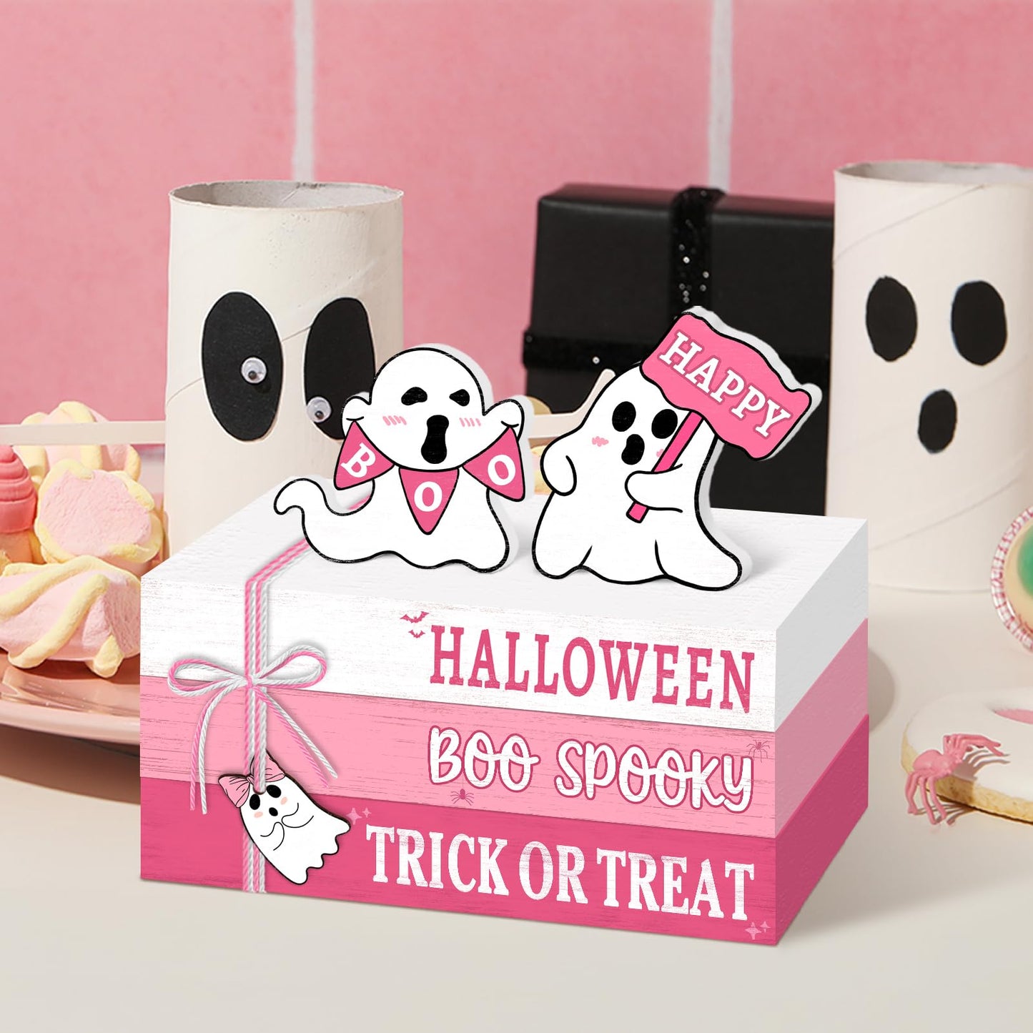 Culudea 6 Pcs Halloween Decorations for home Pink Ghost Wooden Book Stack Sign Halloween Table Decor Tiered Tray Decor with Hanging Ghost Boo Table Centerpiece for Home Shelf Mantel