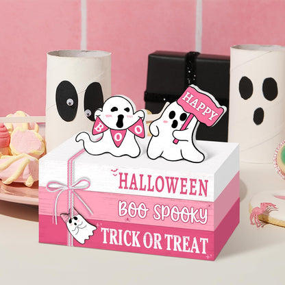 Culudea 6 Pcs Halloween Decorations for home Pink Ghost Wooden Book Stack Sign Halloween Table Decor Tiered Tray Decor with Hanging Ghost Boo Table Centerpiece for Home Shelf Mantel
