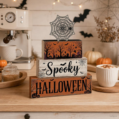 4 Pcs Halloween Table Decorations, Spider Web Tiered Tray Decor, Farmhouse Rustic Wooden Block Signs, Spooky Halloween Tabletop Centerpiece for Home Kitchen Shelf Office Mantel