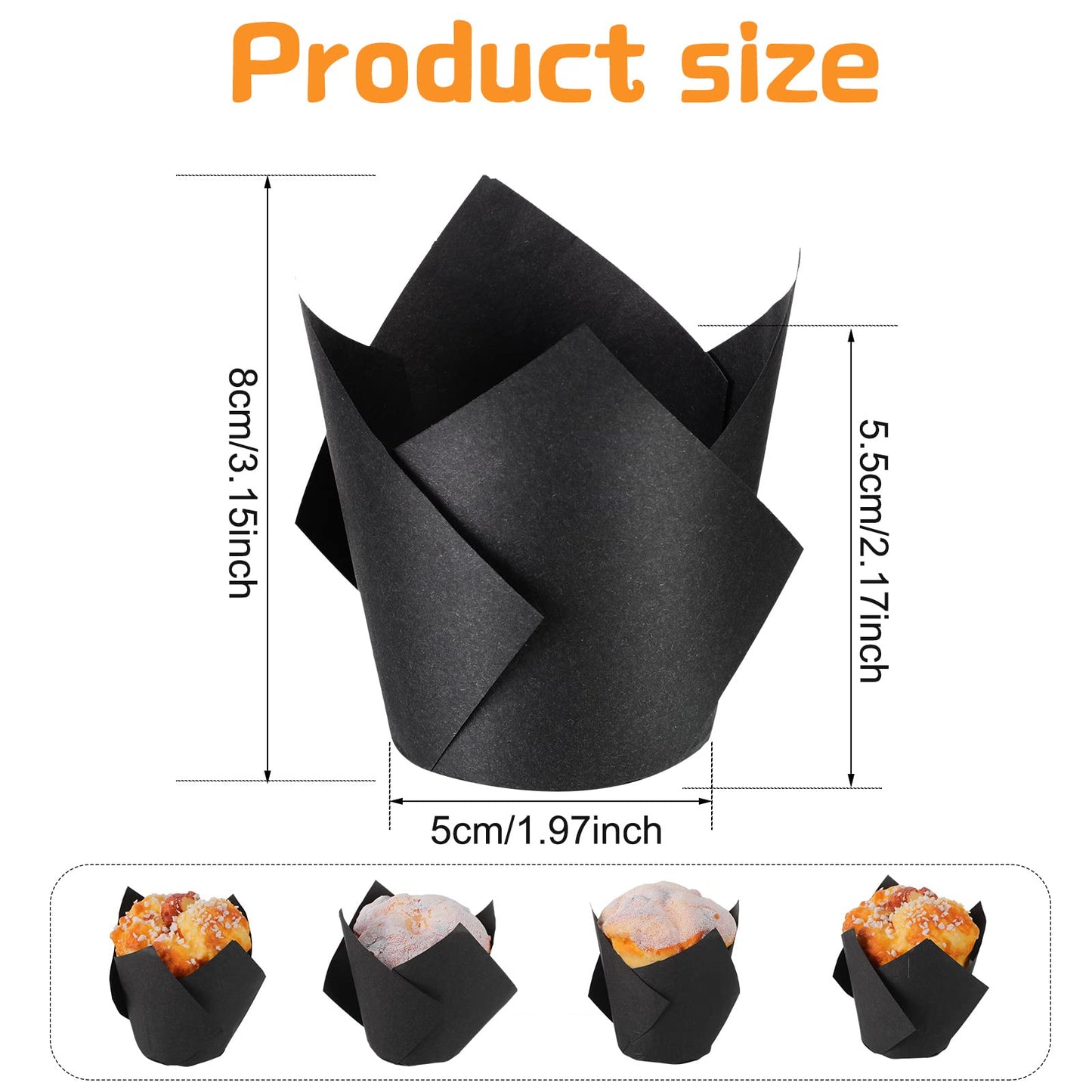 Jutom 200 Pack Tulip Cupcake Liners Paper Baking Cups Greaseproof Muffin Liners Grease Resistant Cupcake Wrappers for Weddings Birthday Cake Balls Muffins Candy Jelly Party(Black)