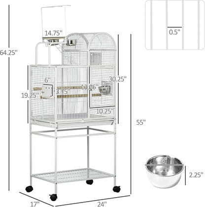 PawHut 55" Large Parrot Cage with Toy Hooks Above Top Bird Perch, Tray, Food Cups, Rolling Stand, Bird Cage for Cockatiels, Parakeets, Lovebirds