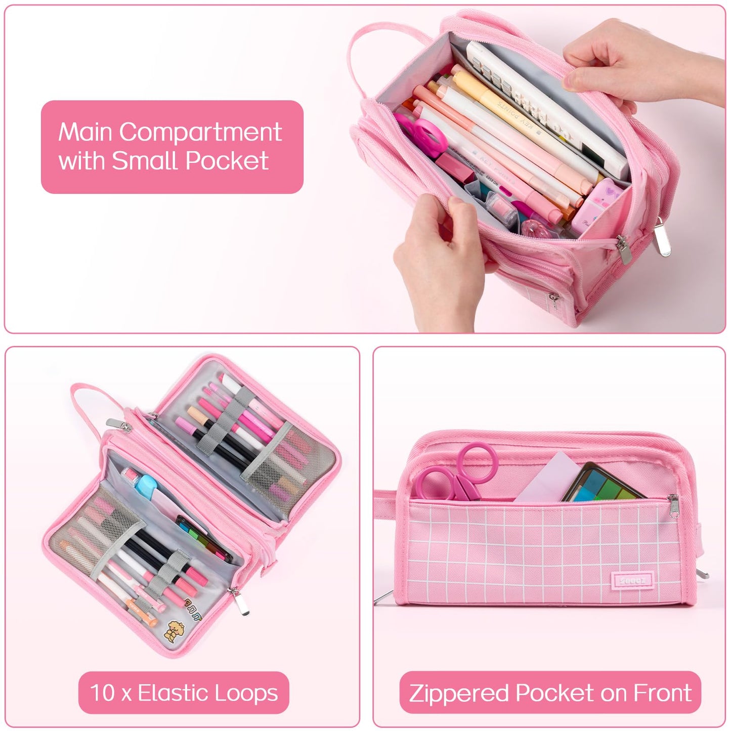 Sooez Large Pencil Case, Big Capacity Pencil Pouch Pen Bag with 3 Compartment, Portable Canvas Stationery Organizer with Zipper, Cute Aesthetic School Supplies for Teen Girls, Celadon with Plaid