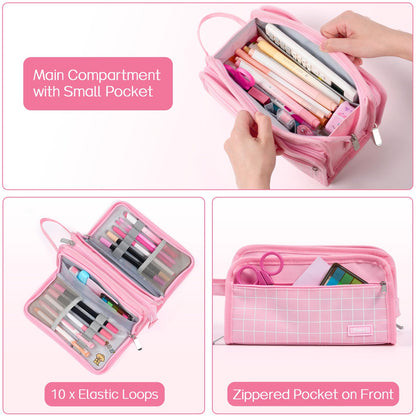 Sooez Large Pencil Case, Big Capacity Pencil Pouch Pen Bag with 3 Compartment, Portable Canvas Stationery Organizer with Zipper, Cute Aesthetic School Supplies for Teen Girls, Celadon with Plaid