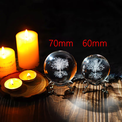 H&D Hyaline & Dora 70mm Tree of Life Clear Crystal Ball with Stand, K9 Glass Decorative Crystal Ball, 3D Laser Fengshui Home Decoration