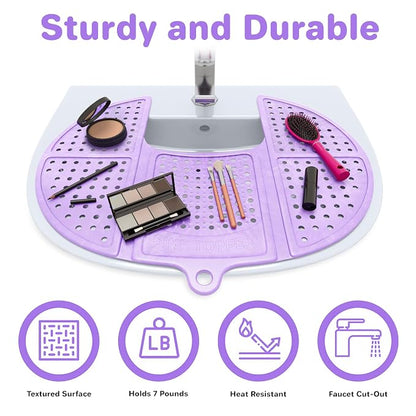 Sink Topper Bathroom Counter Cover & Storage Saver, Foldable Silicone Mat for Hot Tools, Hair Styling & Makeup, Beauty Brush Cleaning Mat, RV Camper Sink Cover & for Small Spaces (Standard Lavender)