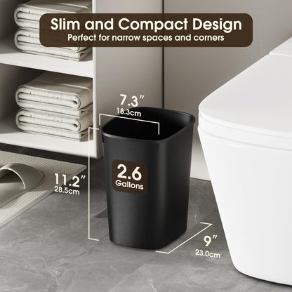 CEROELDA Small Bathroom Trash Can, 2.6 Gallon Slim Mini Garbage Can Small Trash Bin Plastic Waste Basket for Dorm Room, Bedroom, Office, Toilet (Black)