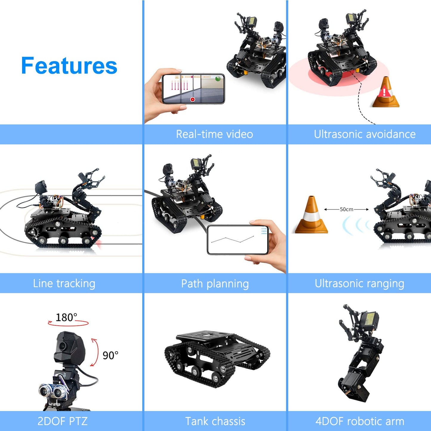 XiaoR GEEK Smart WiFi Robot Kit for Raspberry Pi 5 4B 3B, 4DOF Robotic Arm Track Tank Chassis Robot Car with HD Camera Ultrasonic Infrared Sensor Programming Project for 14+(without Raspberry Pi)