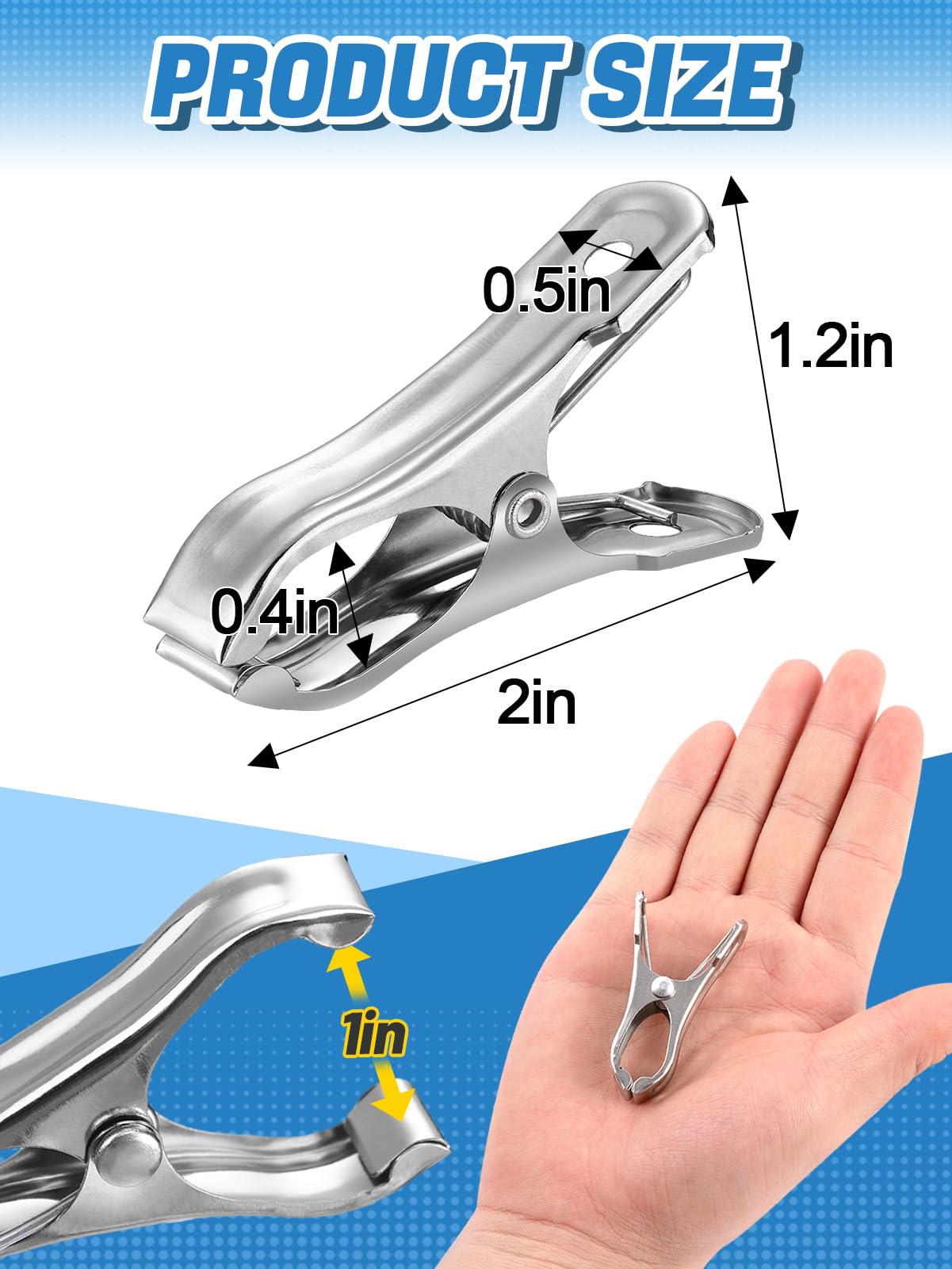 100Pcs Stainless Steel Garden Cilps - Large Open Metal Clamps for Greenhouse Hoops, 2" Fix Plant Cover Shade Cloth Netting Tarp, Tight Grip Weatherproof Gardening Supplies