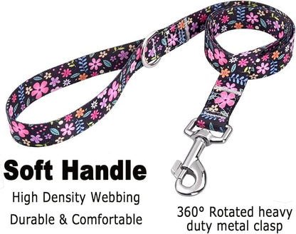 Mihqy Dog Collar and Leash Set with Bohemia Floral Tribal Geometric Patterns - Soft Ethnic Style Collar Adjustable for Small Medium Large Dogs(Floral Set,XS)
