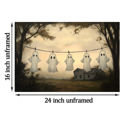 Farmhouse Ghost Wall Art Laundry Room Prints Halloween Landscape Poster Cute Ghost Pictures Gothic Forest Print Victorian Moody Paintings Spooky Wall Art Academia Dark Gothic Artwork 16x24in Frameless
