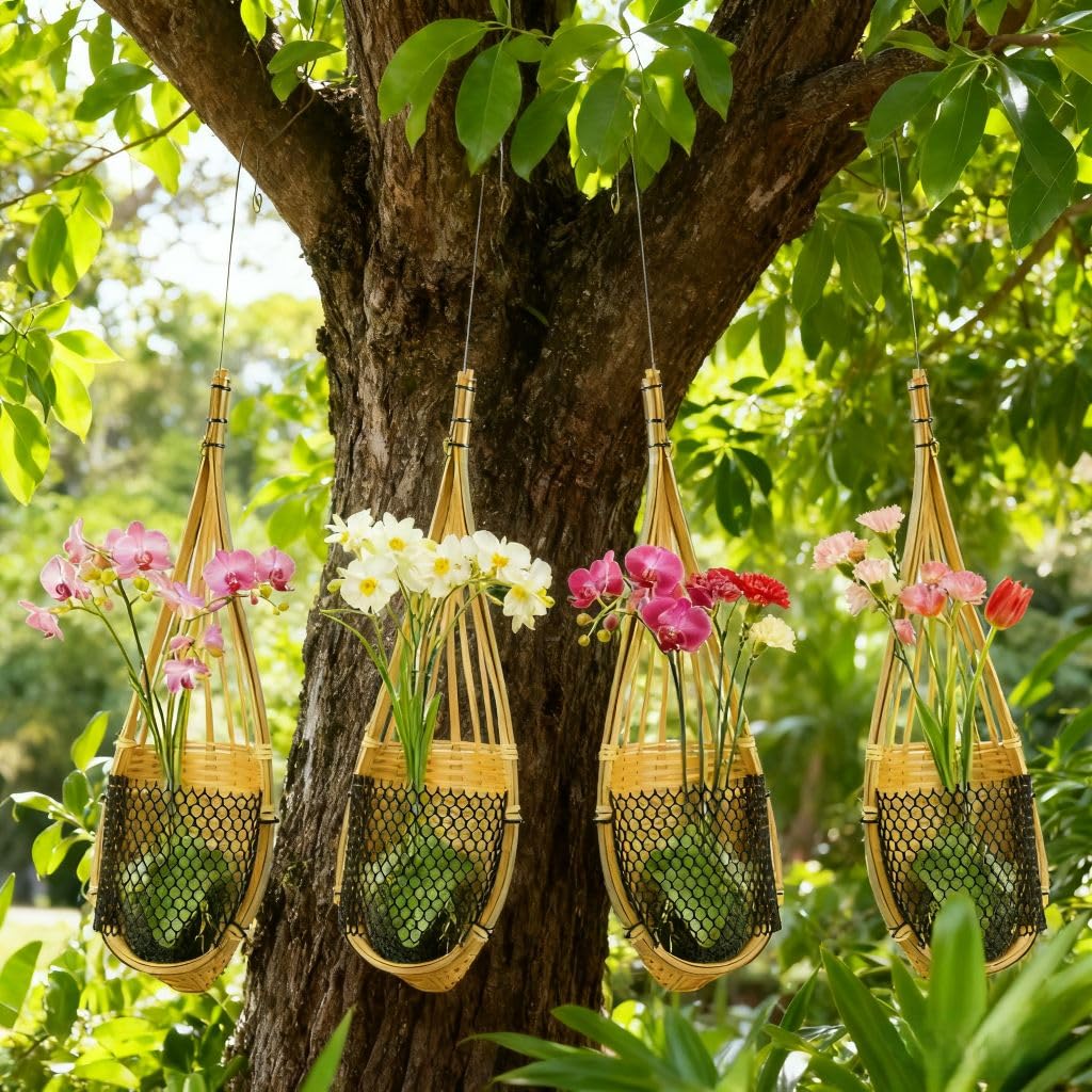 SatisJoy Orchid Hanging Planter, 5 Inch Thai Handmade Bamboo Natural Material Hanging Basket for Indoor Outdoor, Trellis Compatible, Durable Breathable, Set of 4 (Brown)