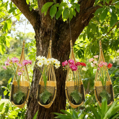 SatisJoy Orchid Hanging Planter, 5 Inch Thai Handmade Bamboo Natural Material Hanging Basket for Indoor Outdoor, Trellis Compatible, Durable Breathable, Set of 4 (Brown)
