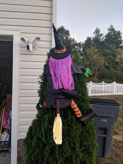 Huoety 54" Crashing Witch Halloween Decoration – Flying Witch on Broom Colliding with Tree for Outdoor Yard, Porch, Garden, and Haunted House Décor – Betty Bash Large Halloween Prop