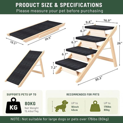 Dog Stairs/Ramp for Bed, Wooden 2-in-1 Foldable Pet Stairs & Ramp, Portable Dog Ladder Up to 180 Pound for Elderly/Short-Legged Dogs, 4 Steps for Beds, Couch
