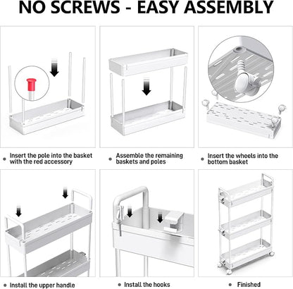 SOLEJAZZ Slim Rolling Storage Cart with Wheels 3 Tier Skinny Bathroom Storage Organizer Thin Laundry Room Utility Cart Space-Saving for Bedside Kitchen Office Small Narrow Places, White