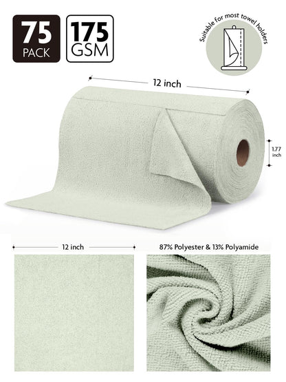 Fantasticlean Microfiber Cleaning Cloth Roll -75 pack, Tear Away Microfiber Towels, 12" x 12", Reusable, Washable, Scratch Free, Ultra Absorbent Dishcloth for All-around Cleaning Supplies (Moss Green)