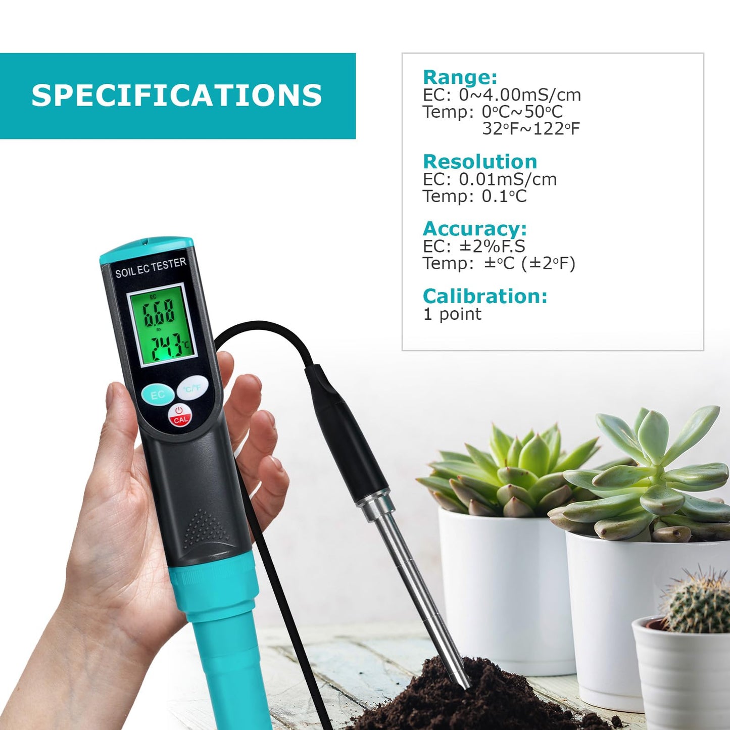 Digital Soil EC Meter 2-in-1 Porfessional Plants EC Temperature Tester Meter with Corded Sensor, Backlight LCD Display, Temperature Compensation, Easy Calibration for Soil Plants Lawn Nutrient Test