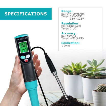 Digital Soil EC Meter 2-in-1 Porfessional Plants EC Temperature Tester Meter with Corded Sensor, Backlight LCD Display, Temperature Compensation, Easy Calibration for Soil Plants Lawn Nutrient Test