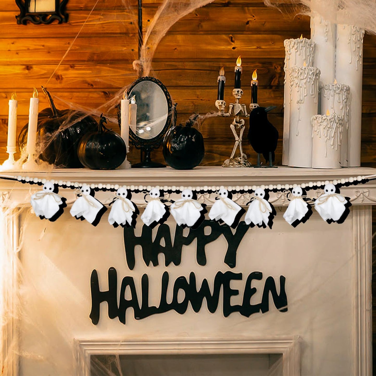 KIMPOK 8Ft Halloween Banner Garland with Cute White Ghosts & Wooden Beads, Handmade Rustic Halloween Decor for Wall, Indoor & Outdoor, Doorways & Mantel Decoration