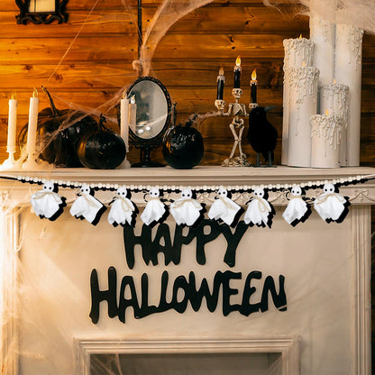 KIMPOK 8Ft Halloween Banner Garland with Cute White Ghosts & Wooden Beads, Handmade Rustic Halloween Decor for Wall, Indoor & Outdoor, Doorways & Mantel Decoration