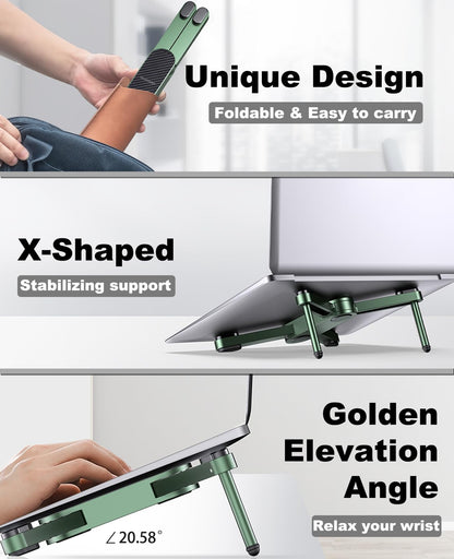 YICOSUN New Concept Laptop Stand - Adjustable Ergonomic Aluminum Riser for MacBook Pro/Air up to 15.6” - Foldable & Portable Computer Stand for Desk, Students, Office, Travel, Gaming - Green