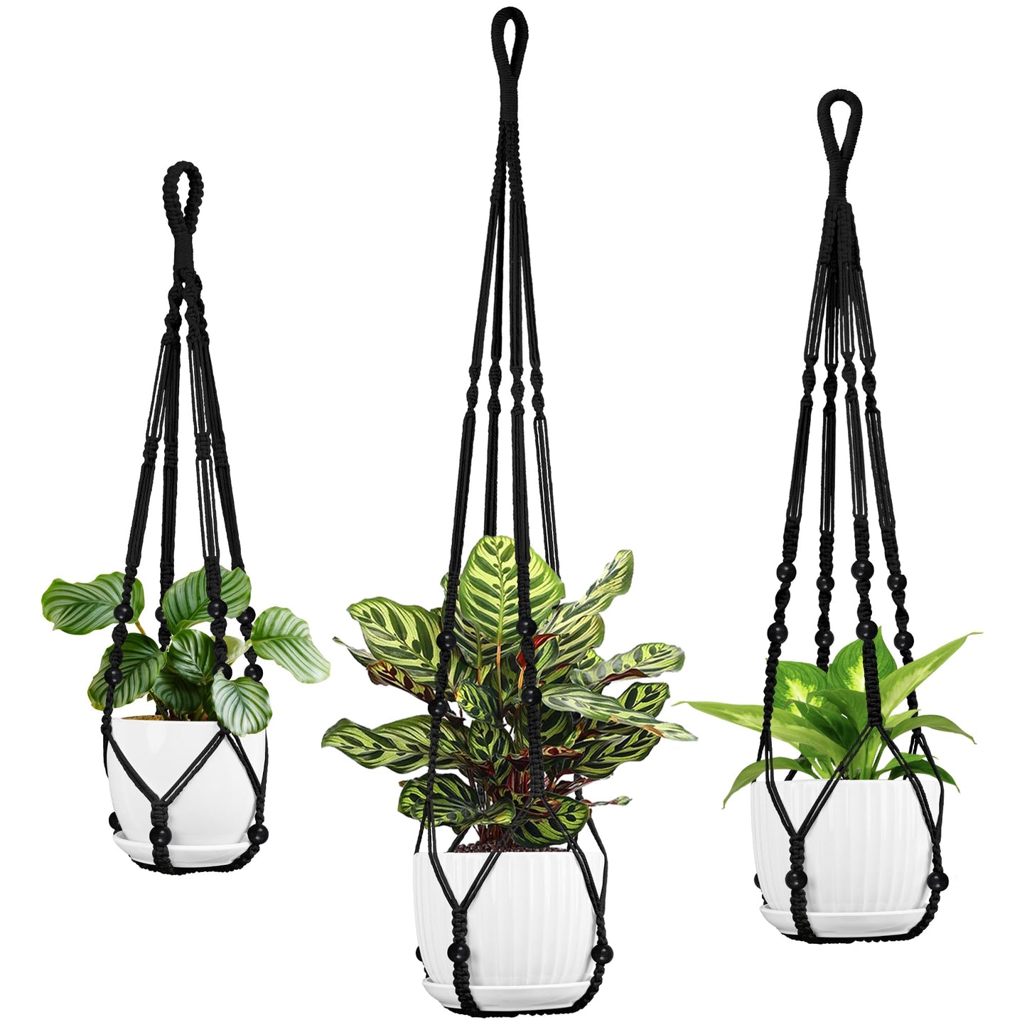 IDEEEPAN Macrame Plant Hanger - Fits 4 to 15 inches Pots for Indoor Outdoor, 43"/35"/29" Different Sizes Set, Black (POTS NOT Included)