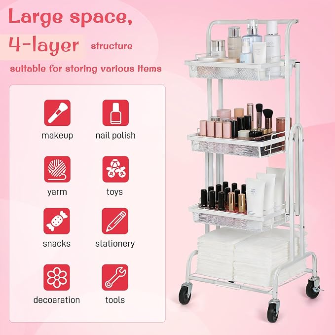 Werhoo 90° to 180° Adjustable Makeup Organizer Cart (Detachable Tabletop) with Drawers-4 Tier, Metal Beauty Cart with Enlarged Wheel Move to Bedroom, Bathroom and Living Room for Flexible Makeup