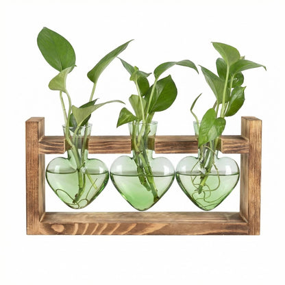 Plant Propagation Station 3Pcs Heart Vase with Wooden Stand Tabletop for Hydroponics Indoor Home Table Decor for Her Plant Lovers Women Mom Wife Daughter (Green)