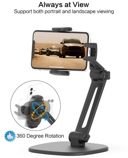 APPS2Car Phone Stand for Desk [No Dropping Stable Triple-Clamp Holder] Adjustable Height 360 Degree Rotation Heavy Base Thick Case Friendly, Multifunctional Cell Phones Stand for iPhone Android Phones