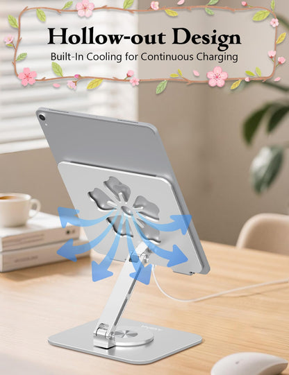 Axbima Rotating Tablet Stand for Desk-Aluminum Office Desk Accessories for Women Moms iPad Gifts Home Office Portable Monitor Stand for iPad, Compatible with iPad Pro, Air, Mini, Kindle 4–12.9",Silver