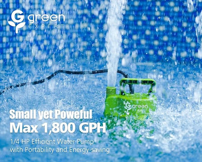 Green Expert 1/4HP Submersible Sump Pump 25-Foot Long Power Cord High Flow 1800GPH for Fast Water Removal Easy to Use in Pool Hot Tub Flooded House Drainage Household Drain Pump Suit to Garden Hoses