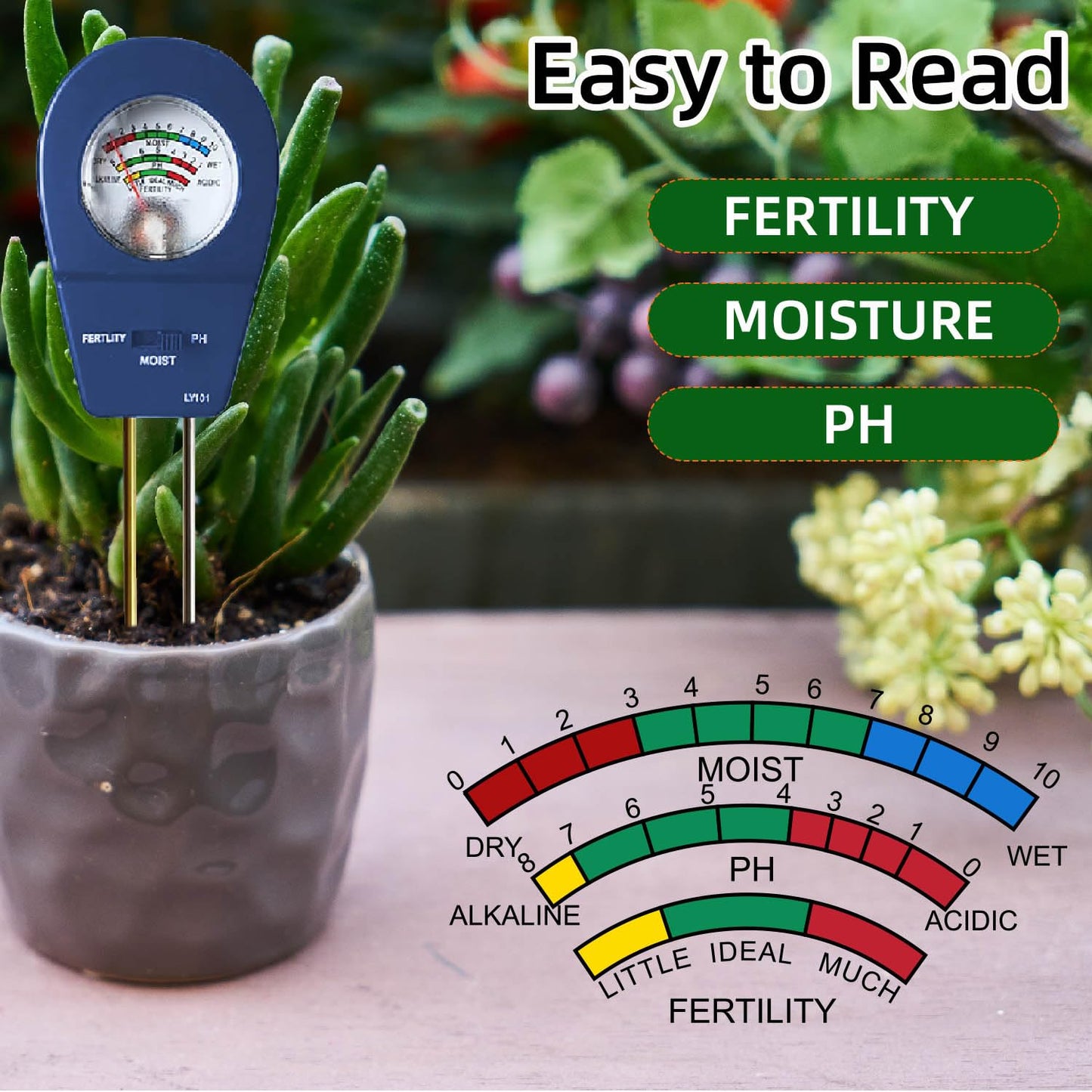 3-in-1 Soil Moisture Meter pH & Fertility Tester, No Battery Needed Plant Soil Test Kit for Houseplants, Garden, Lawn & Farm, Plug-and-Read Soil Acidity Meter for Indoor Outdoor Potted Plants (Blue)