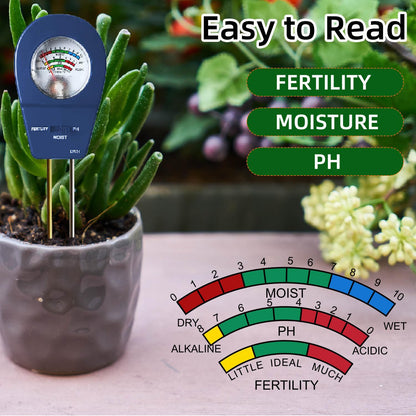 3-in-1 Soil Moisture Meter pH & Fertility Tester, No Battery Needed Plant Soil Test Kit for Houseplants, Garden, Lawn & Farm, Plug-and-Read Soil Acidity Meter for Indoor Outdoor Potted Plants (Blue)