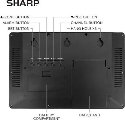 Sharp Atomic Clock - Never Needs Setting! –Easy to Read Numbers - Indoor/Outdoor Temperature, Wireless Outdoor Sensor - Battery Powered - Easy Set-Up (4" Numbers)