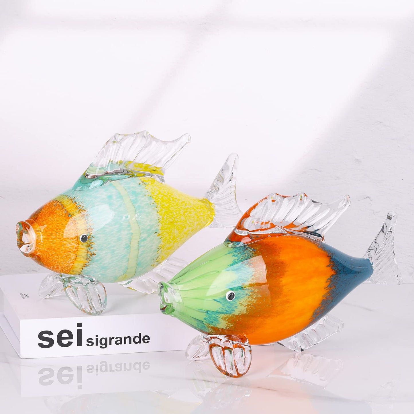 LCCCK Large Glass Fish Statue, Hand Blown Glass Sea Life Figurines, Coastal Decor for Home,Tropical Fish Ornaments Collectible Figurines, Coffee Table, Shelf, Office, Bathroom Decoration Nautical Art