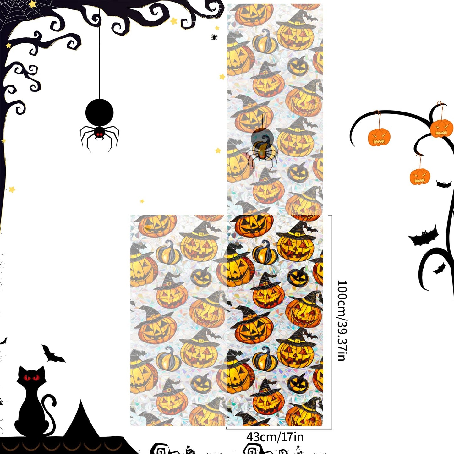 Bloss Halloween Window Clings,Stained Glass Windows Film,Pumpkin Glass Fall Windows Clings, 3D Decorative Privacy Films,Cute Halloween/Thanksgiving Window Stickers for Home Decor, 17x39.4Inch