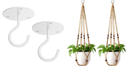 Mkono Macrame Plant Hangers Indoor Jute Hanging Planter Basket and Ceiling Hooks, Wood Beads Decorative Flower Pot Holder for Indoor Outdoor Boho Home Decor,Brown，Set of 2