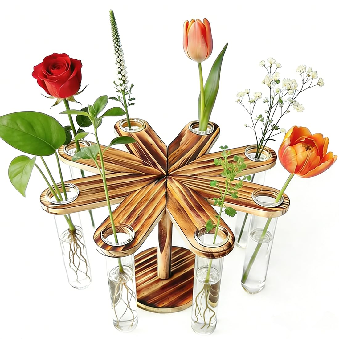 Plant Terrarium Propagation Stations, Clear Glass Flower Vases, Wooden Stand Retro, Hydroponics for Home Office Decoration, Dining Table Centerpiece - 8 Glass Tubes Vases