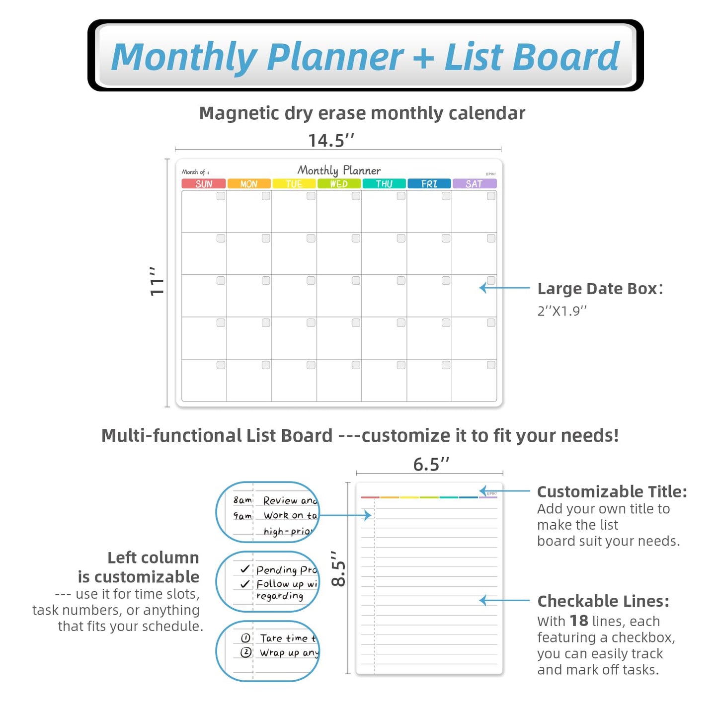 JJPRO Magnetic Dry Erase Monthly Calendar for Fridge-14.5"x11" Monthly Fridge Calendar and Daily to Do List,Magnetic Calendar for Refrigerator -3 Markers