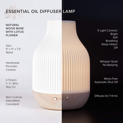 Sacred Lotus Love Ceramic Essential Oil Diffuser – Ultrasonic Aroma Diffuser with Wood Base, Ambient LED Light and Timer Settings