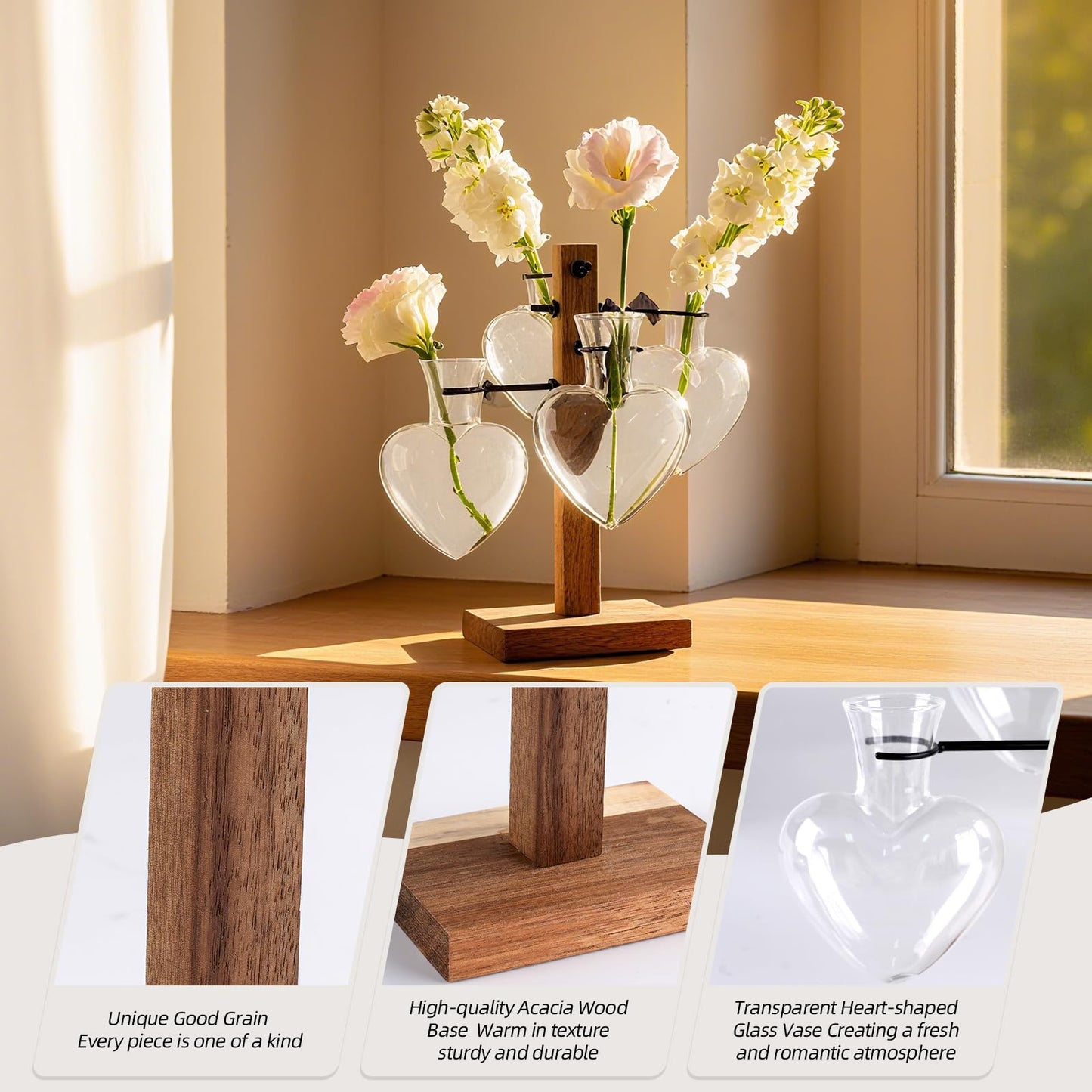 Plant Propagation Station with Acacia Wood Stand, 4 Heart-Shaped Propagation Vases for Plants, Unique Terrarium Kit for Office and Home Decor, Gifts for Plant Lovers