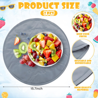 Reallnaive 2 Pcs Reusable Freezable Ice Mat Buffet Chilled Serving Tray 15.7'' Round Charcuterie Chilling Mat PVC Foldable Cooling Charcuterie Cooler for Food Cheese Picnics Party(Grey,Classic)