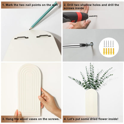 Wooden Wall Art Decor: Wall Vases for Indoor Artificial Plants & Flowers, Wood Wall Hanging Planters for Home Decor - Bathroom, Living Room, Bedroom, Patio (White)