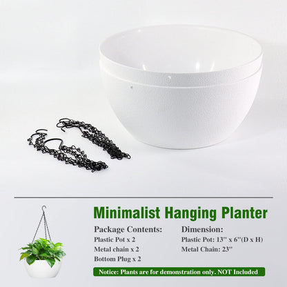 WOUSIWER 13 inch 2Pack Large Hanging Planters for Outdoor Indoor Plants with Drainage Holes and Chain, Round Hanging Flower Pots for Garden Home Porch Decor, White