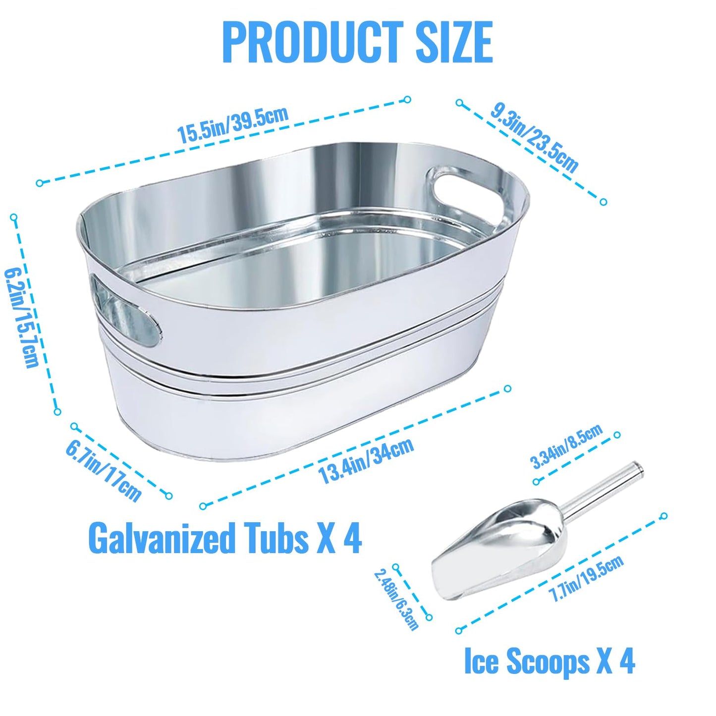 4Pcs 4 Gallon Galvanized Ice Bucket Large Galvanized Tub with Scoops Ice Bucket for Parties Mimosa Bar Supplies with Carry Handles Metal Beverage Tub for Champagne Cocktails Beer Drink Wine