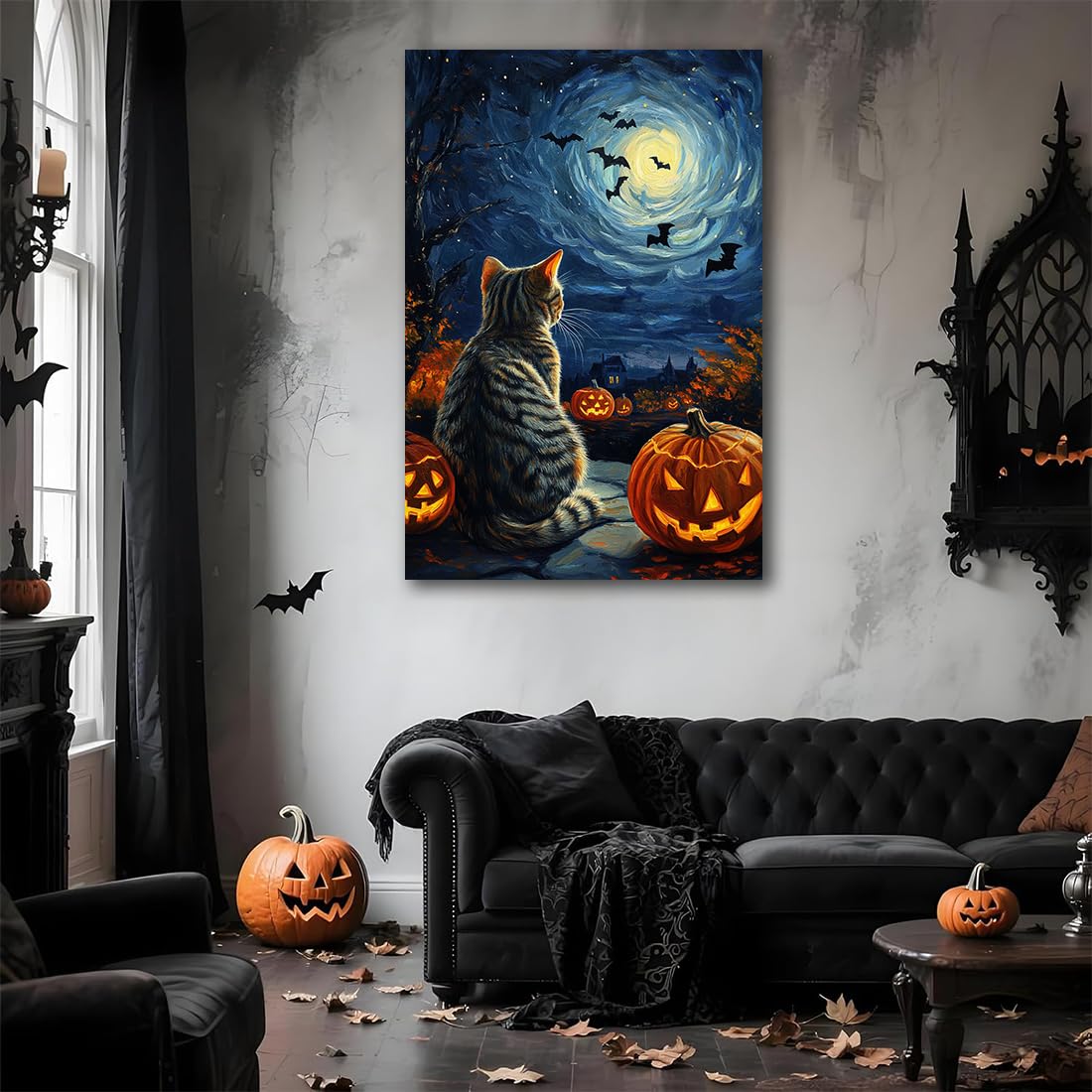 Black Cat Pumpkin Blue Starry Night Halloween Pictures Wall Decor,Bats Under Cosmic Sky Canvas Painting Print,Unique Celestial Home Wall Decor,Cute Animal Autumn Room Art Print,16"x24" Unframed