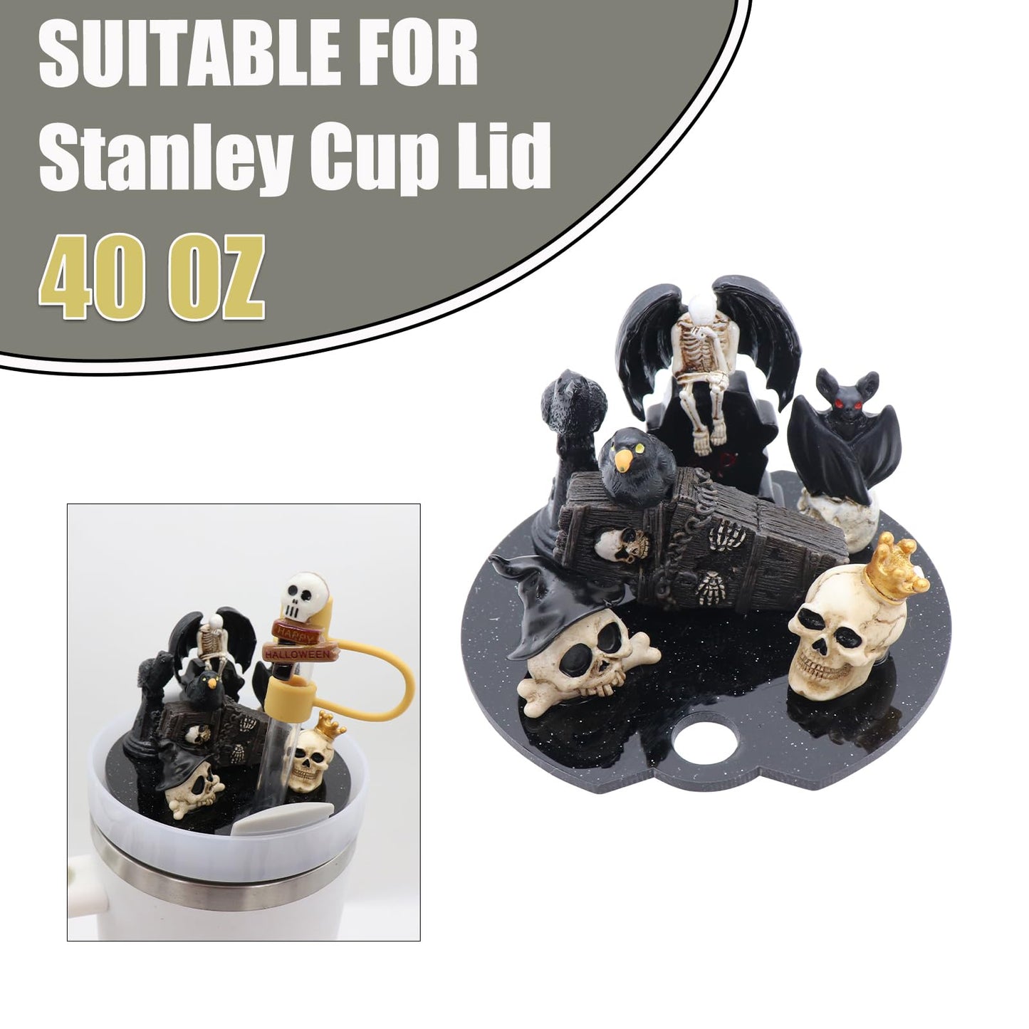Lid Name Plate Topper for Stanley Cup 40 oz，Including Boot, Silicone Straw Topper Cover Cap, Lid Charms，Cup Chain (Halloween-A)