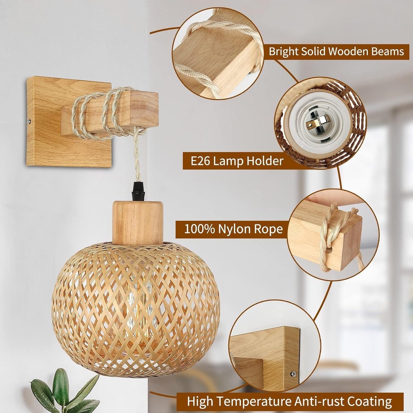 Bagkcopp Rattan Wall Sconce Light,Lamps for Bedroom, Farmhouse Wall Sconces, Wall Mount Light Fixture Indoor, Boho Bedside Wall Sconces for Living Room (Rattan)
