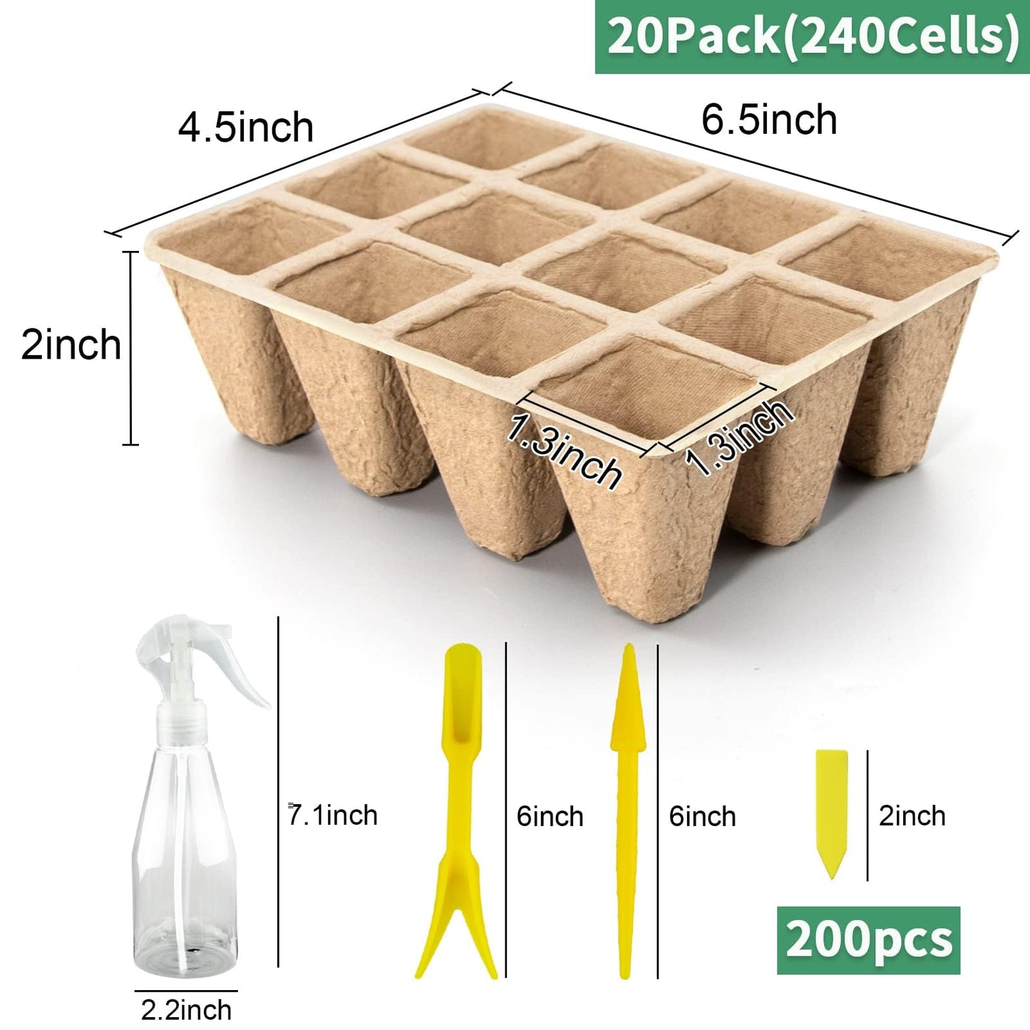 SYITCUN 240 Cells Seed Starter Tray, 20 Pack Seed Starter Kit for Planting Seeds, Biodegradable Peat Pots, Value Germination Kit with 200 Plant Labels, 2 Transplanting Tools, 1 Spray Bottle
